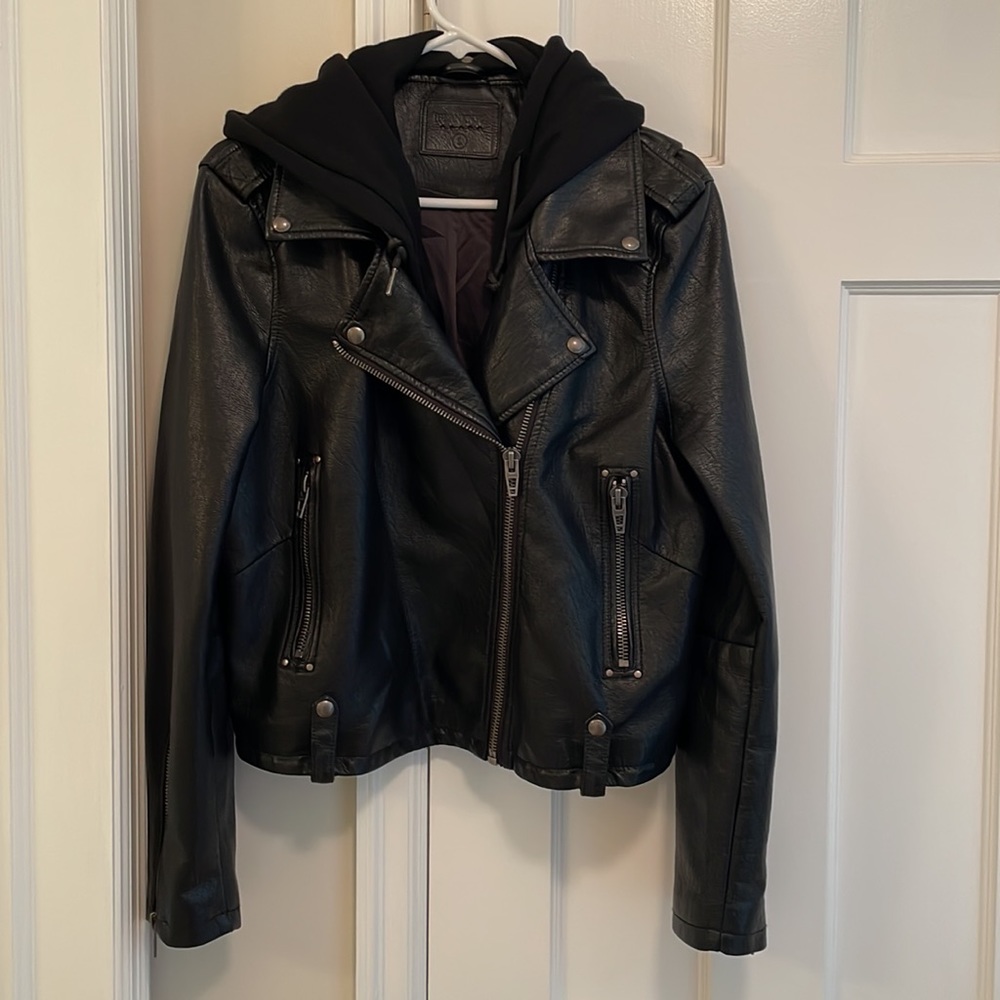 BlankNYC faux leather moto jacket, removable hood size Large, Black. Gently worn